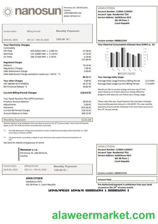 Czech Republic Nanosun s.r.o utility bill